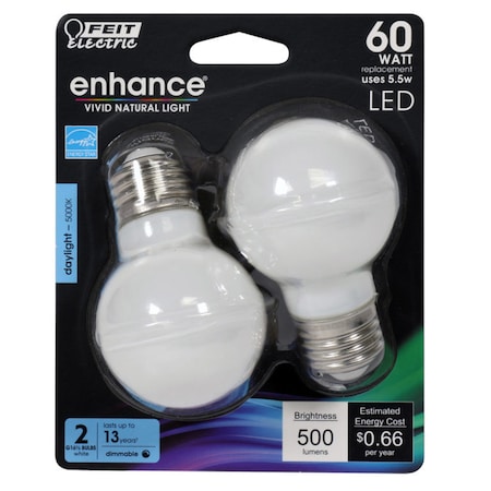 Feit Electric Feit Enhance G16.5 E26 (Medium) Filament LED Bulb Daylight 60 Watt Equivalence 2 pk BPGM60950CAFL2R